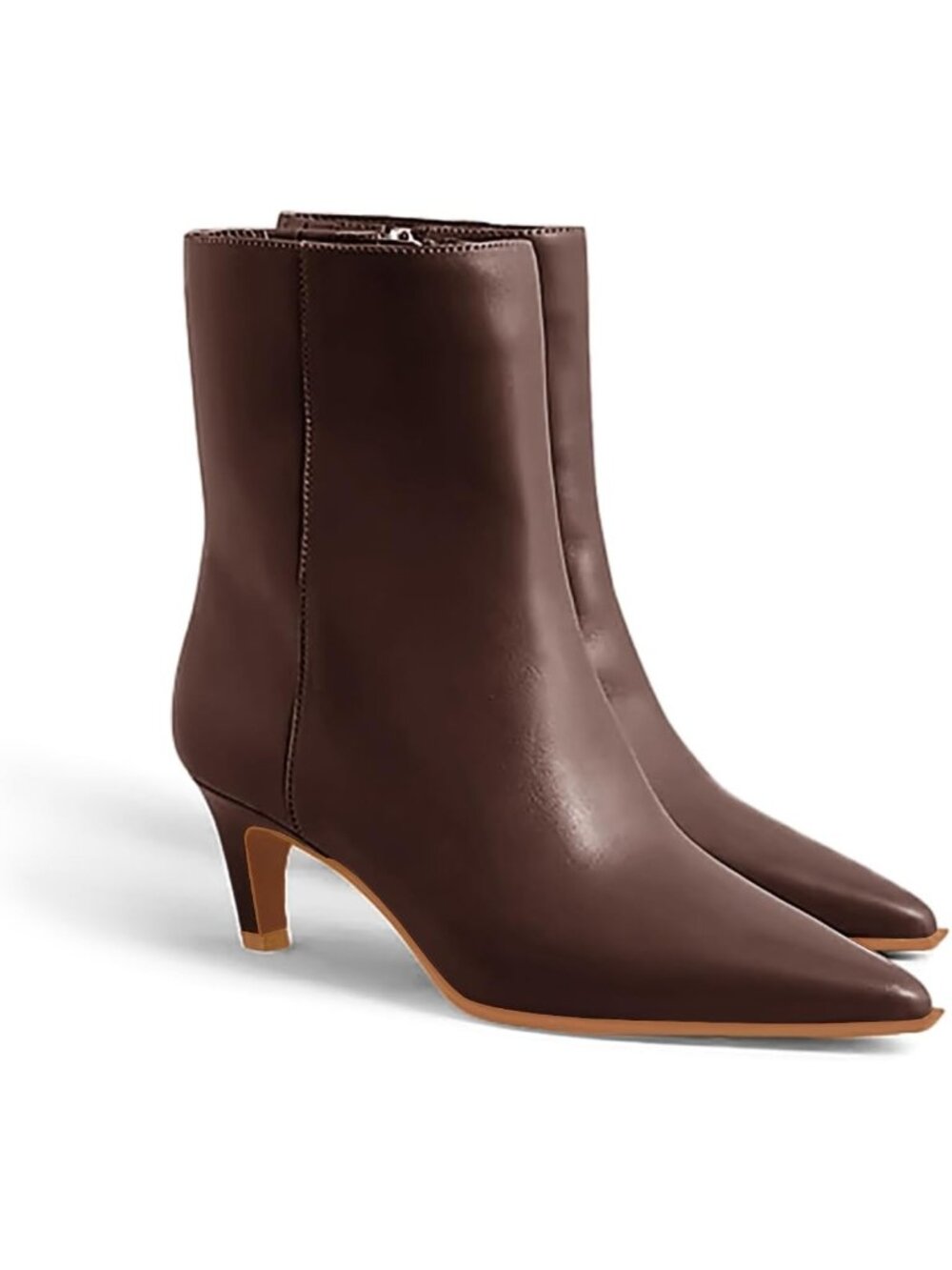 Women Dark Brown Pu Kitten Heel Faux Leather Pointed Toe Side Zipper Ankle Boots